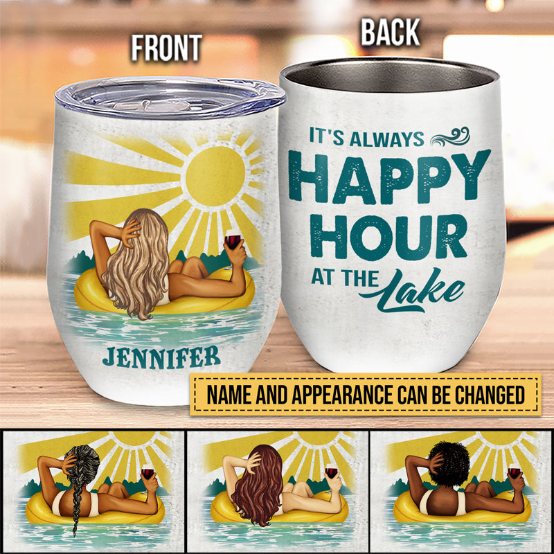 Happy Hour At The Lake Custom Wine Tumbler, Gift For Best Friends