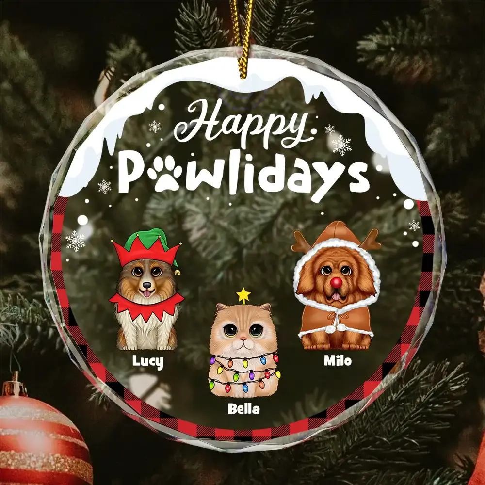 Happy Pawlidays Christmas Dog Cat - Personalized Circle Glass Ornament Ornament The Next Custom Gift