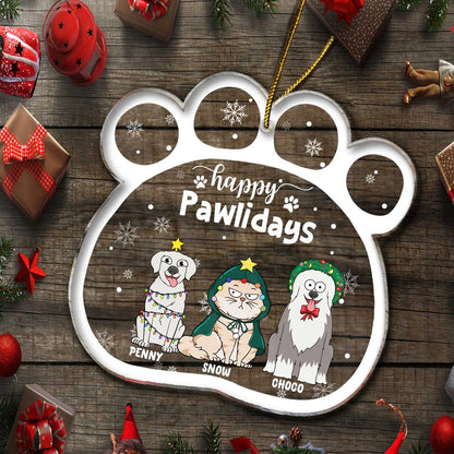 Happy Pawlidays Funny Cartoon Dogs Cats - Christmas Gift For Pet Lovers - Personalized Custom Shaped Acrylic Ornament ornament The Next Custom Gift