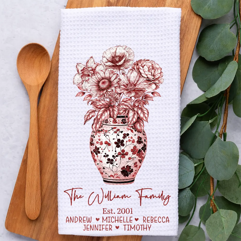 Happy Family Toile Birth Flower Vase - Personalized Kitchen Towel