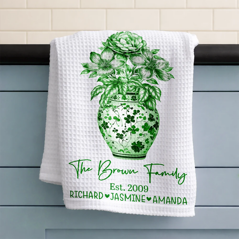 Happy Family Toile Birth Flower Vase - Personalized Kitchen Towel