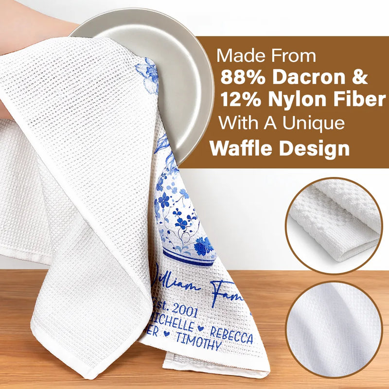 Happy Family Toile Birth Flower Vase - Personalized Kitchen Towel