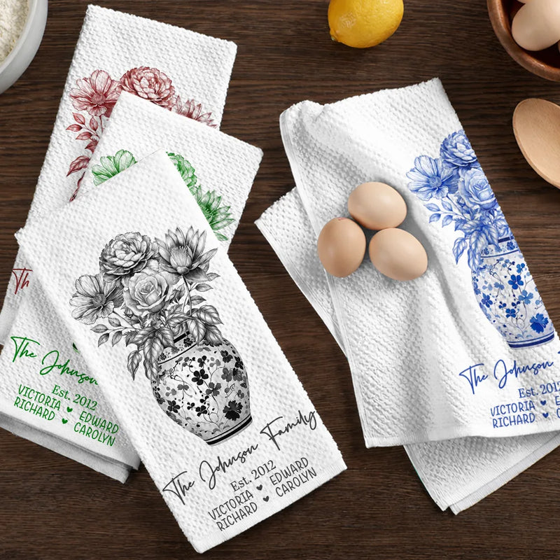 Happy Family Toile Birth Flower Vase - Personalized Kitchen Towel