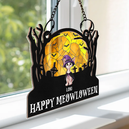 Happy Meowloween Halloween Pets - Personalized Window Hanging Suncatcher Ornament