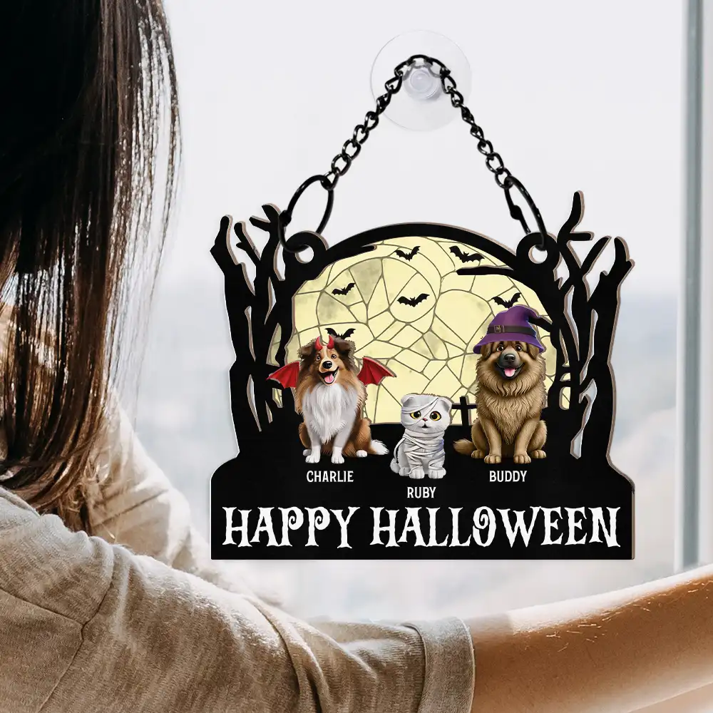 Happy Meowloween Halloween Pets - Personalized Window Hanging Suncatcher Ornament