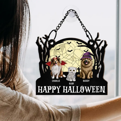 Happy Meowloween Halloween Pets - Personalized Window Hanging Suncatcher Ornament