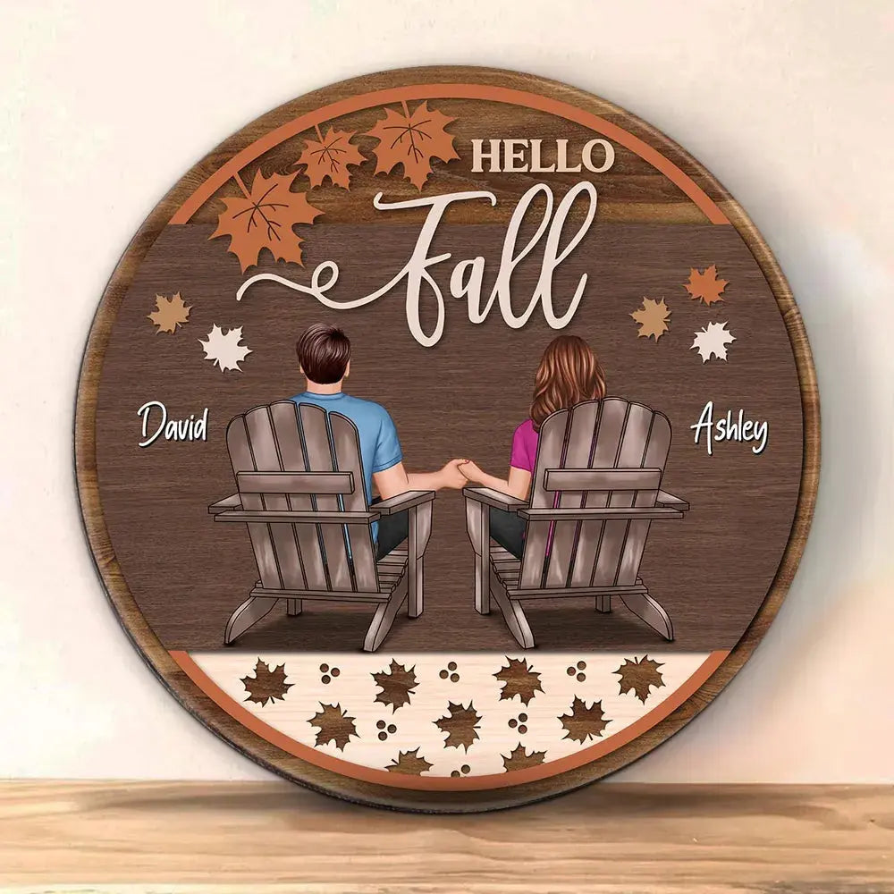 Hello Fall Couple Sitting Personalized Wood Sign, Fall Season Decor, Gift For Him Her Wood Sign The Next Custom Gift