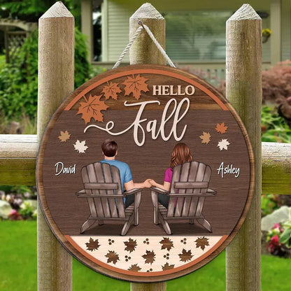 Hello Fall Couple Sitting Personalized Wood Sign, Fall Season Decor, Gift For Him Her Wood Sign The Next Custom Gift