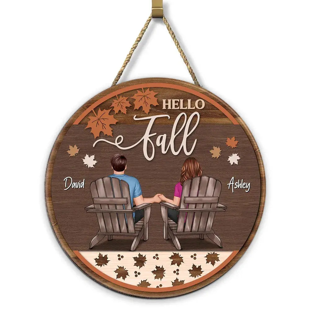 Hello Fall Couple Sitting Personalized Wood Sign, Fall Season Decor, Gift For Him Her Wood Sign The Next Custom Gift