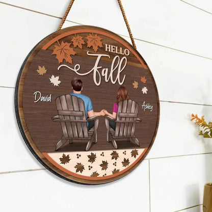 Hello Fall Couple Sitting Personalized Wood Sign, Fall Season Decor, Gift For Him Her Wood Sign The Next Custom Gift