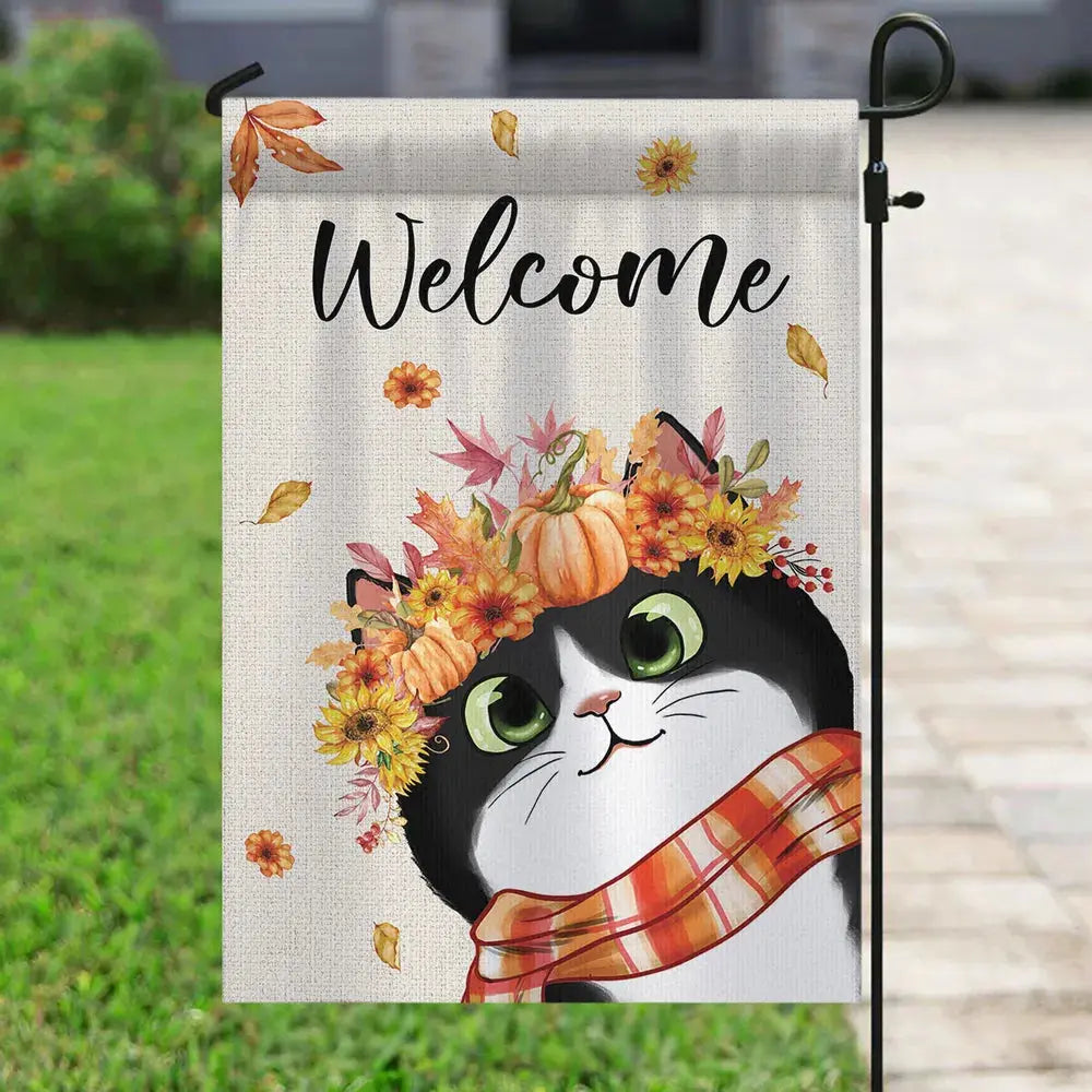 Hello Fall Cute Peeking Cat Personalized Garden Flag Garden Flag The Next Custom Gift