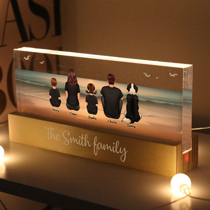 Realistic Beach Landscape Family Sitting Personalized Acrylic Block LED Night Light