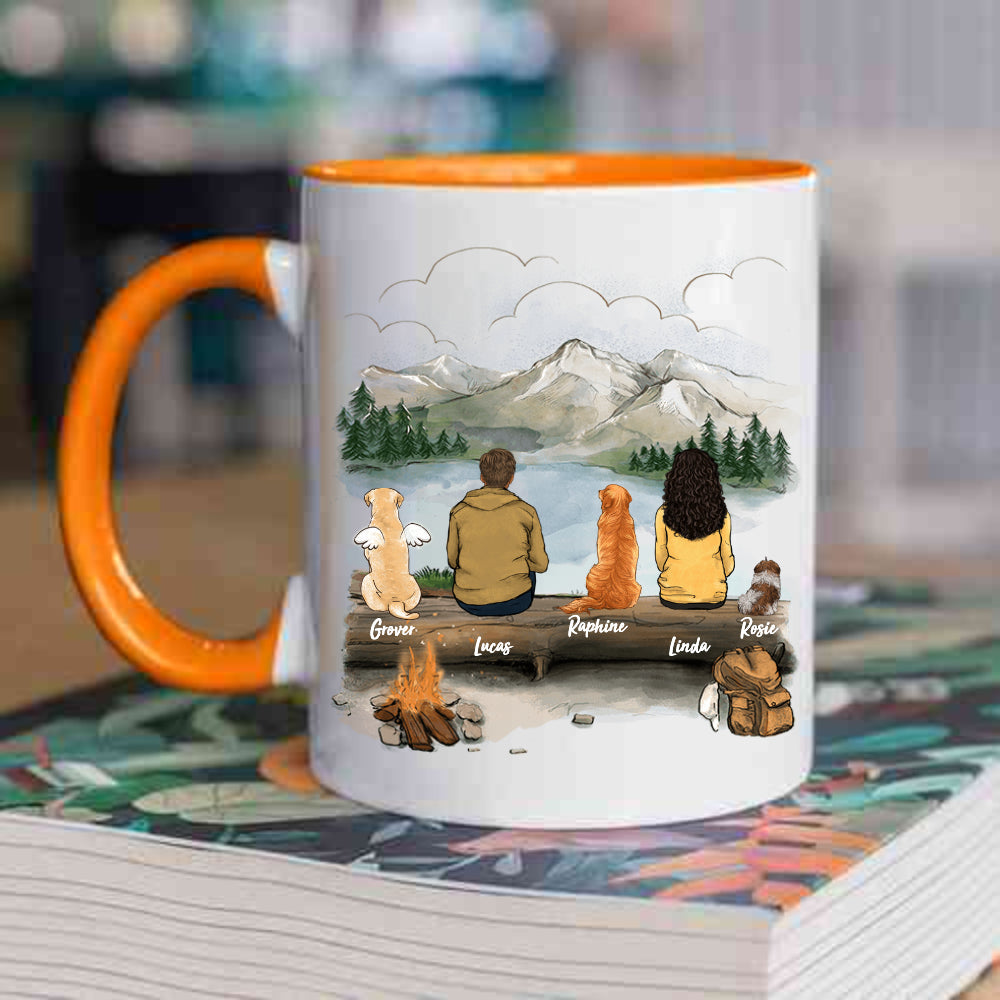 dog owner hiking with dog orange two-tone mug gift for dog lovers