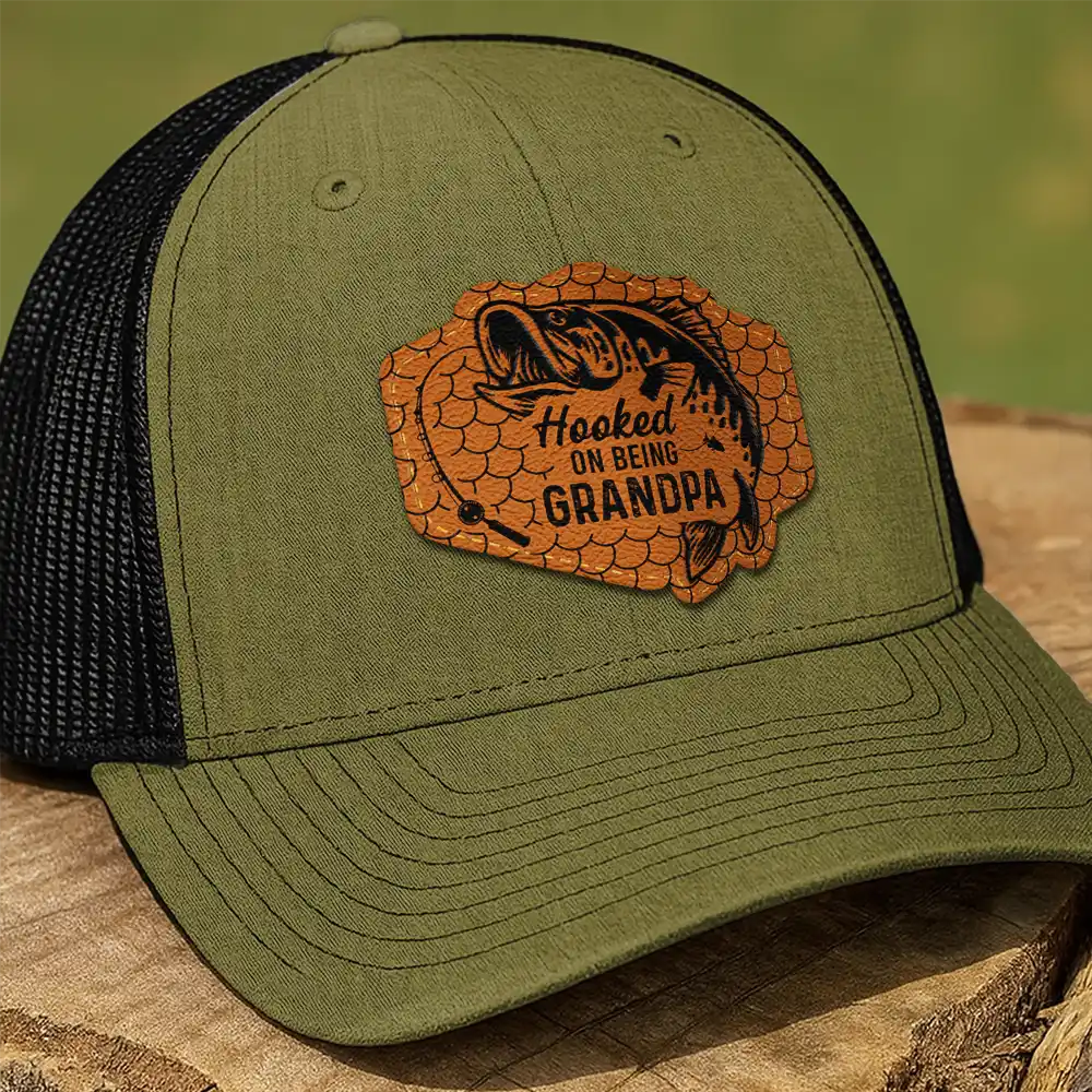 Hooked On Being Grandpa Dad Fishing - Personalized Leather Patch Hat