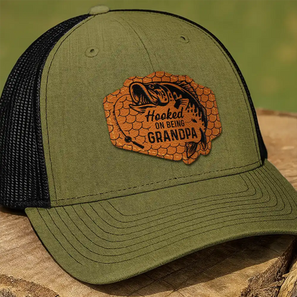 Hooked On Being Grandpa Dad Fishing - Personalized Leather Patch Hat