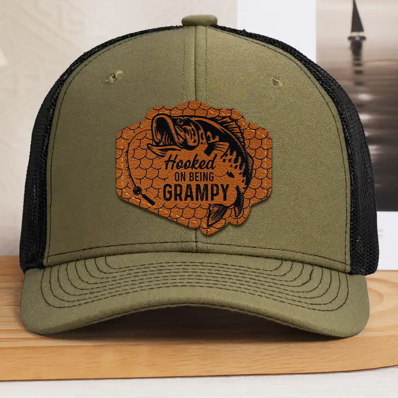 Hooked On Being Grandpa Dad Fishing - Personalized Leather Patch Hat