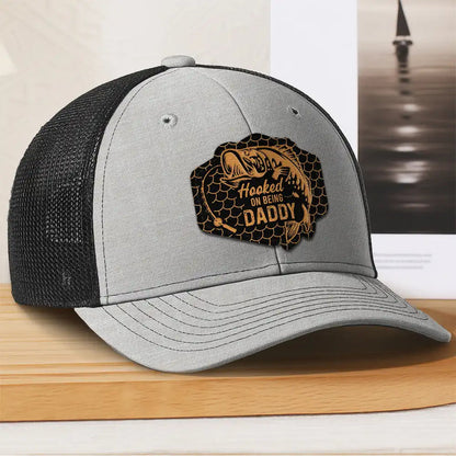 Hooked On Being Grandpa Dad Fishing - Personalized Leather Patch Hat