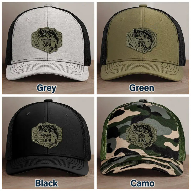 Hooked On Being Grandpa Dad Fishing - Personalized Leather Patch Hat