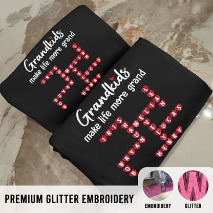 Grandkids Make Life More Grand Crossword Puzzle Art Personalized Glitter Embroidery Sweater, Heartfelt Gift For Grandma