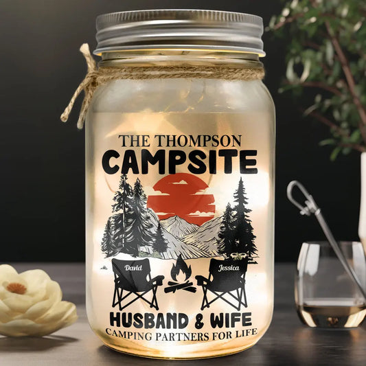 Husband & Wife Camping Partners For Life - Personalized Mason Jar Light  The Next Custom Gift