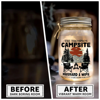 Husband & Wife Camping Partners For Life - Personalized Mason Jar Light  The Next Custom Gift