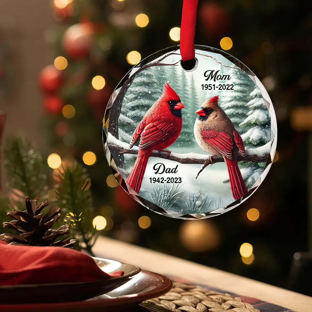 Winter Scene Memorial Cardinal Sympathy Gift Remembrance Keepsake Personalized Glass Ornament