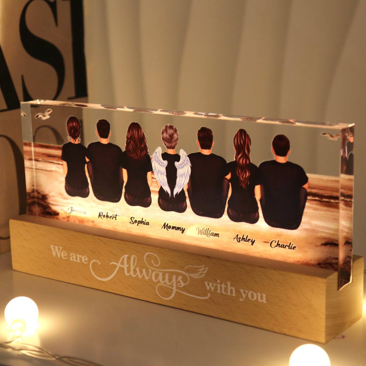 Always With You Family Sitting Retro Vintage Beach Landscape Memorial Personalized Acrylic Block LED Night Light