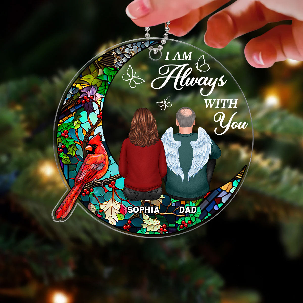 Stained Glass Moon Cardinal Always With You Family Remembrance Memorial Keepsake Christmas Personalized Acrylic Ornament