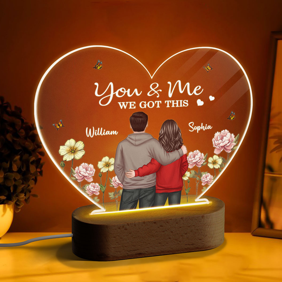 Couple Birth Month Flower Personalized Heart Acrylic Plaque LED Night Light, Heartfelt Gift For Couple, For Him, For Her, Boyfriend, Girlfriend, Husband, Wife