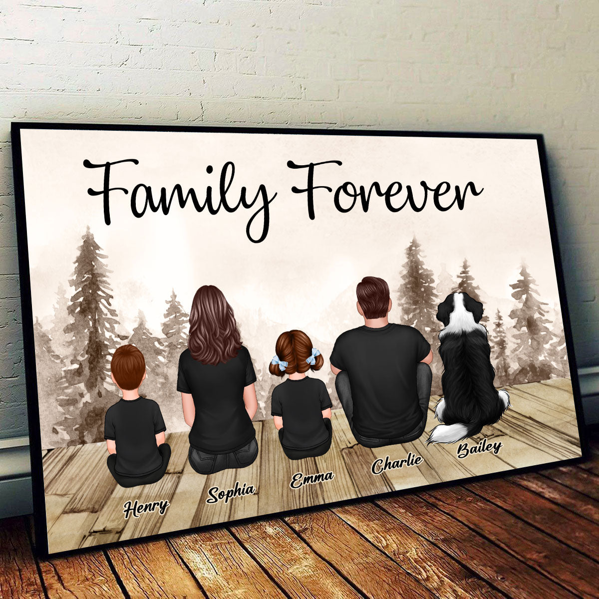 Retro Family Dad And Kids Back View Sitting Forest Personalized Poster, Perfect Gift For Family, For Husband, Wife, Dad, Mom