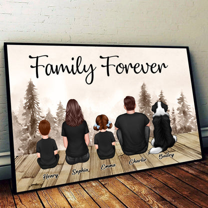 Retro Family Dad And Kids Back View Sitting Forest Personalized Poster, Perfect Gift For Family, For Husband, Wife, Dad, Mom