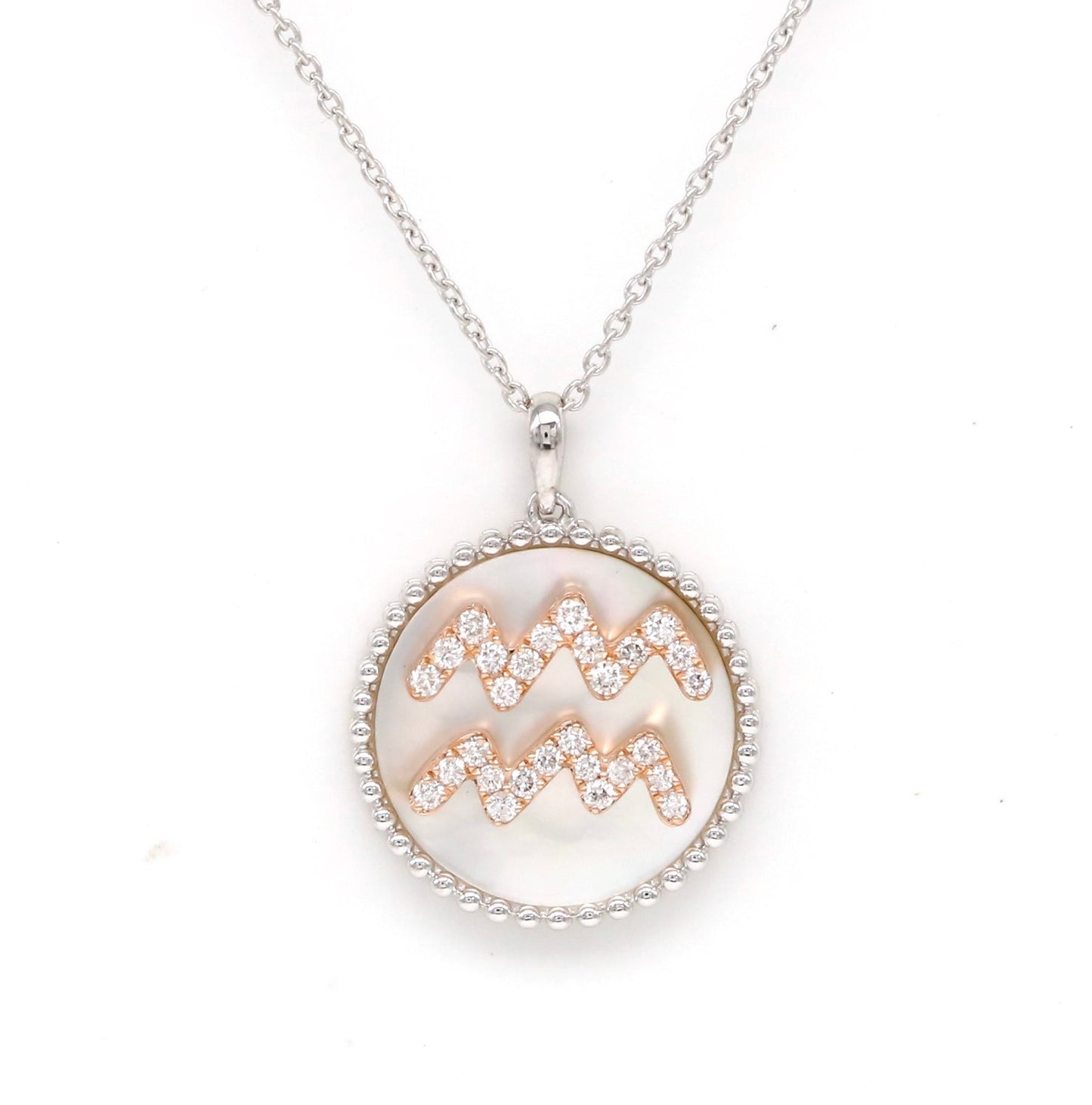 14K Gold White Mother Of Pearl & Diamond Aquarius Zodiac Medallion