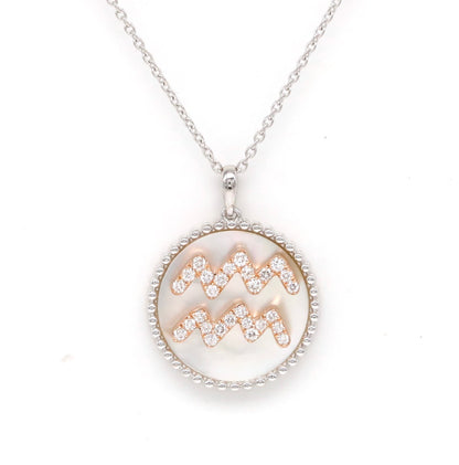 14K Gold White Mother Of Pearl & Diamond Aquarius Zodiac Medallion