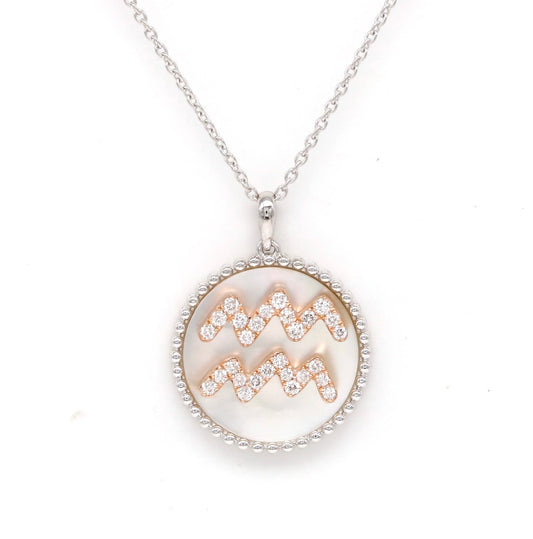 14K Gold White Mother Of Pearl & Diamond Aquarius Zodiac Medallion