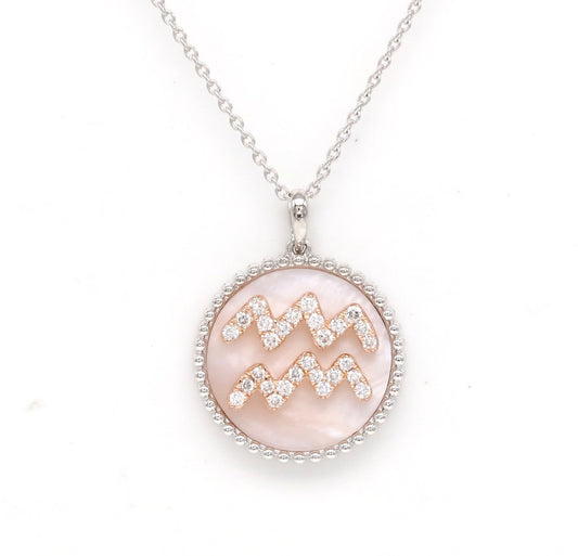 14K Gold Pink Mother of Pearl & Diamond Aquarius Zodiac Medallion