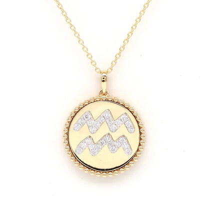 14K Yellow Gold Diamond Aquarius Zodiac Medallion