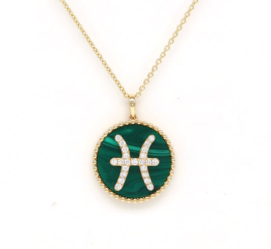 14K Gold Malachite & Diamond Pisces Zodiac Medallion