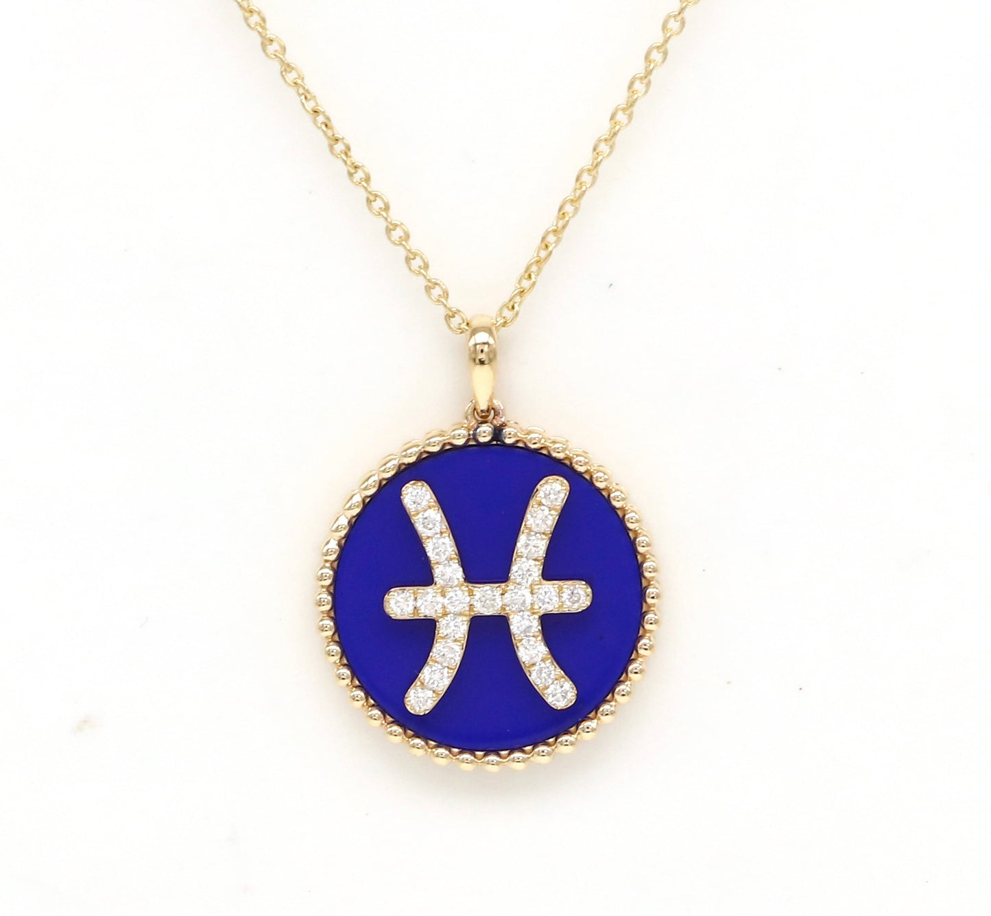 14K Gold Lapis & Diamond Pisces Zodiac Medallion