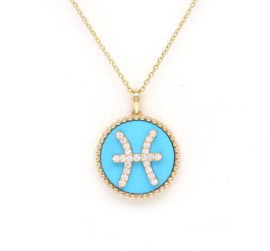 14K Gold Turquoise & Diamond Pisces Zodiac Medallion