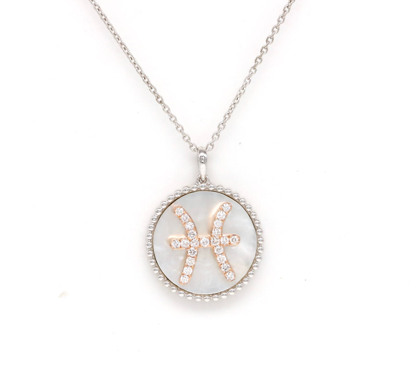 14K Gold White Mother of Pearl & Diamond Pisces Zodiac Medallion