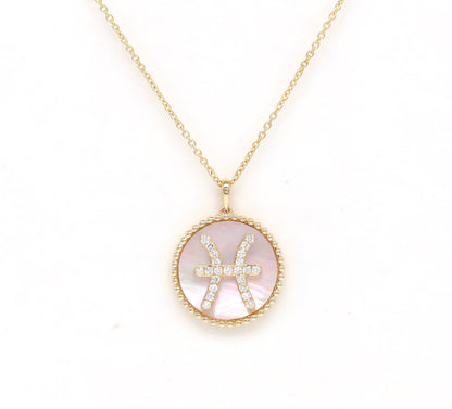 14K Gold Pink Mother of Pearl & Diamond Pisces Zodiac Medallion