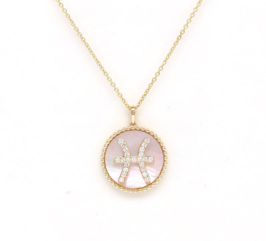 14K Gold Pink Mother of Pearl & Diamond Pisces Zodiac Medallion