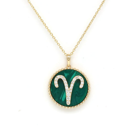 14K Gold Malachite & Diamond Aries Zodiac Medallion