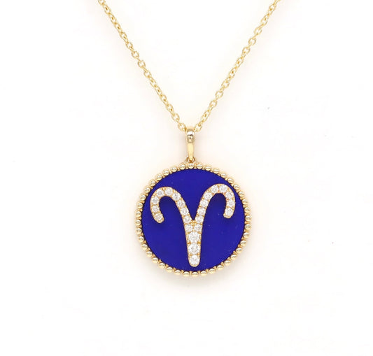 14K Gold Lapis & Diamond Aries Zodiac Medallion