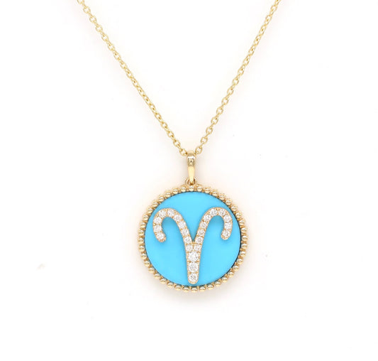 14K Gold Turquoise & Diamond Aries Zodiac Medallion