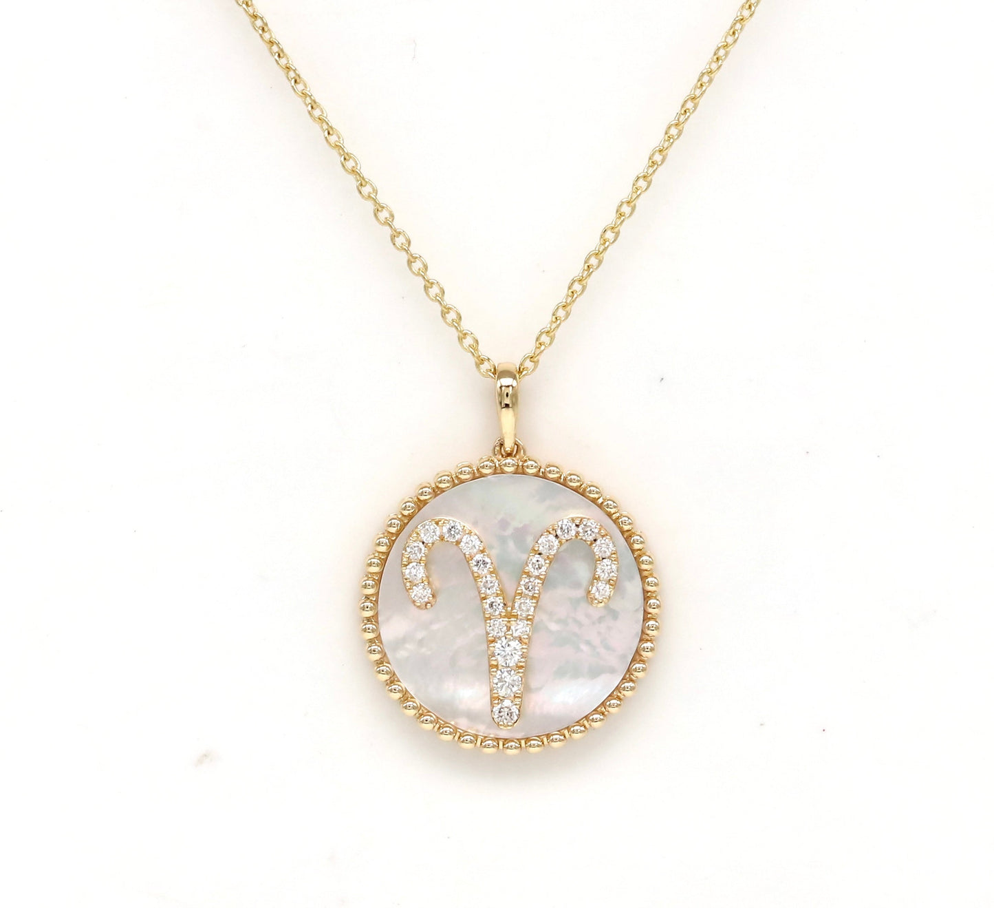 14K Gold White Mother of Pearl & Diamond Aries Zodiac Medallion