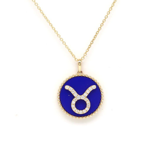 14K Gold Lapis & Diamond Taurus Zodiac Medallion