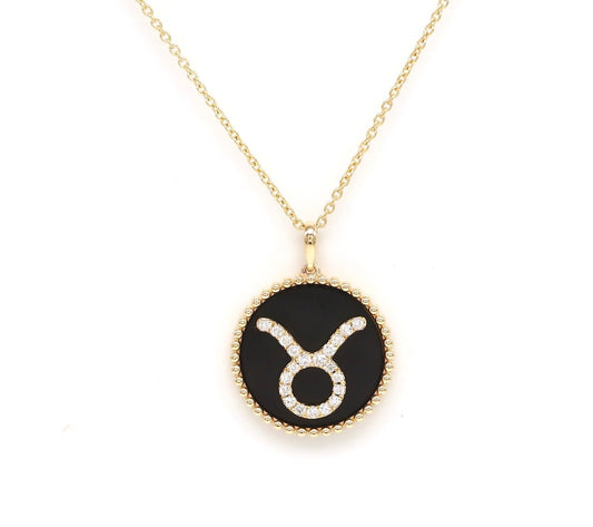 14K Gold Onyx & Diamond Taurus Zodiac Medallion