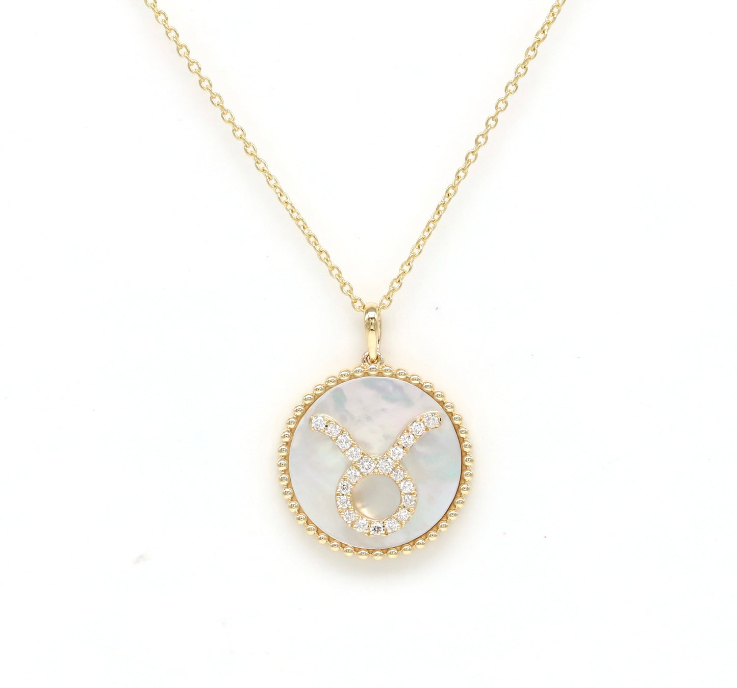 14K Gold White Mother of Pearl & Diamond Taurus Zodiac Medallion