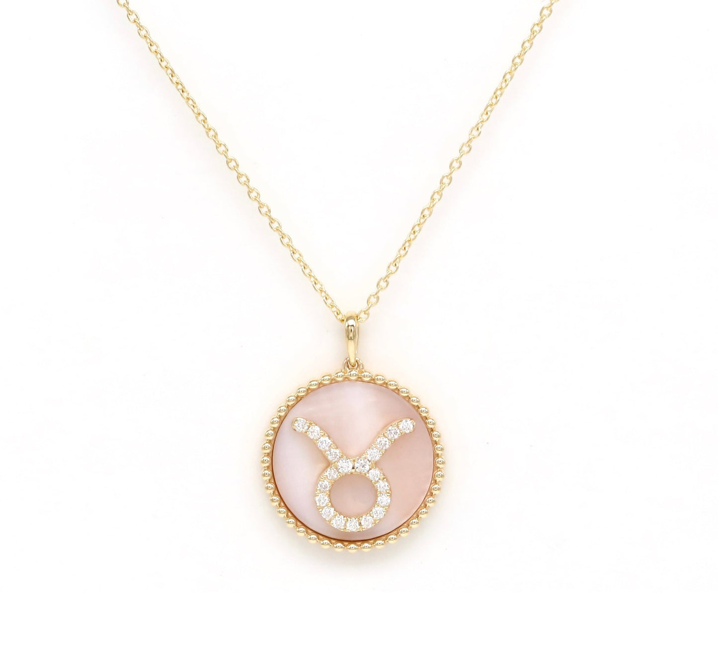 14K Gold Pink Mother of Pearl & Diamond Taurus Zodiac Medallion